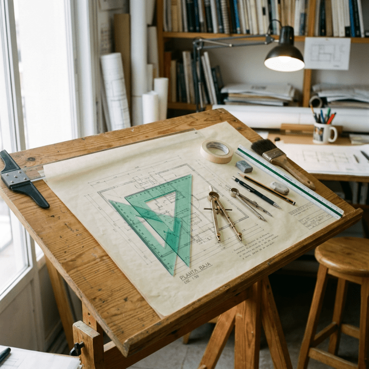 Architectural blueprint on wooden drafting table with rulers, compass, pencils, and tape