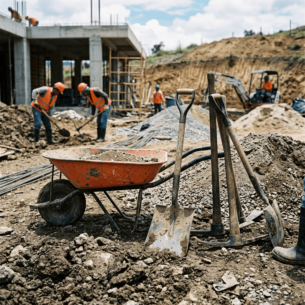 Construction site with shovels, pickaxes, wheelbarrow, and workers in safety gear